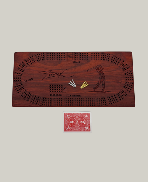 Wooden Cribbage Board with cards and game pieces.