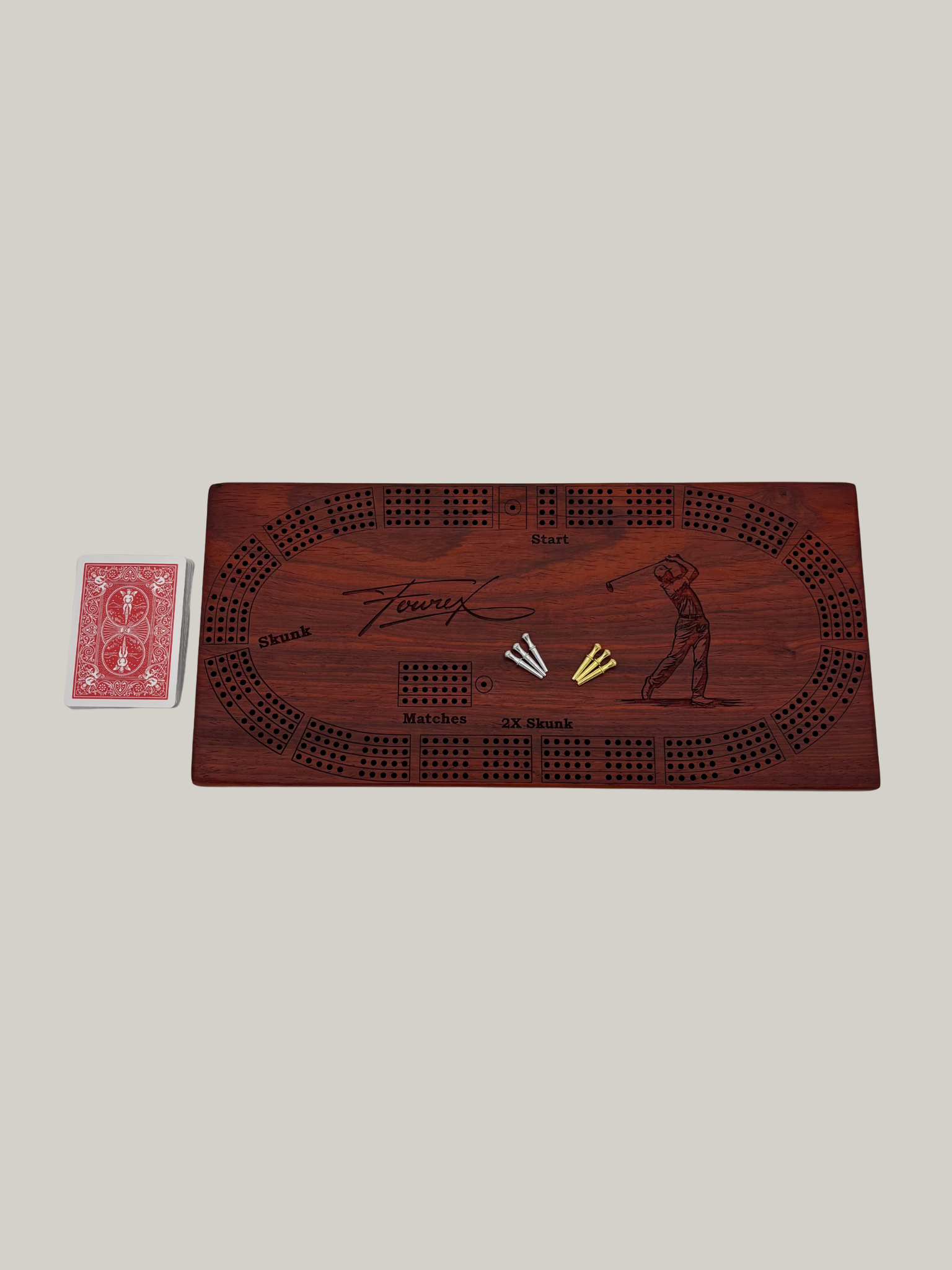 Wooden Cribbage Board Game with cards and game pieces.